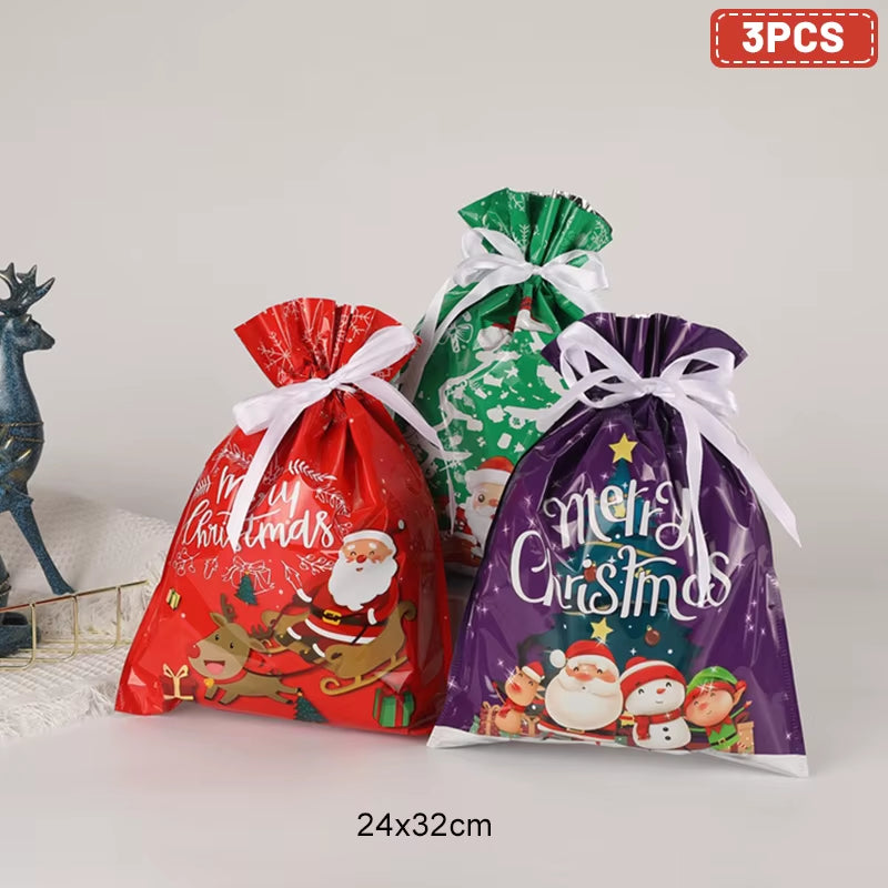 Large Merry Christmas Gift Bag Set Drawstring Candy Cookie Packaging Bags 2025 Navidad Christmas Home Decoration New Year 2026
